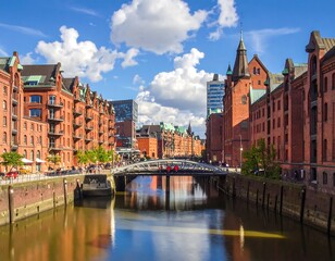Obraz premium Sunny day view of historic brick architecture lining a canal, with a small arched bridge, and blue sky