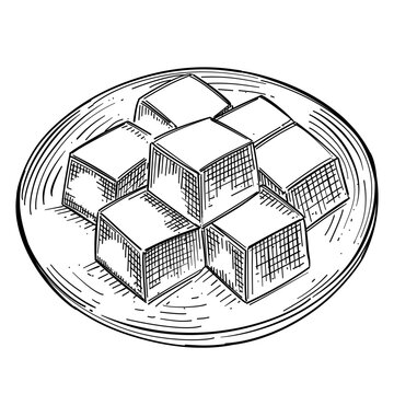 tofu cubes on plate vector line art hand drawn illustration