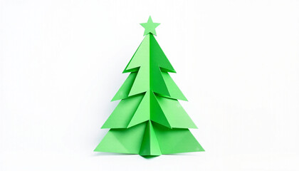 Obraz premium Minimalist Green Origami Christmas Tree Paper Craft on Isolated Background