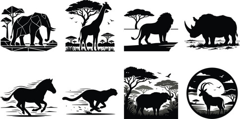 African safari animal silhouettes collection vector icons with elephant giraffe lion rhinoceros horse cheetah buffalo and antelope designs © Sobuz