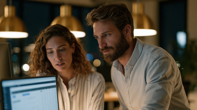 Expense automation platform syncing with a corporate credit card data feed on a finance department's shared workstation, two colleagues leaning in to review flagged anomalies, open-plan office envir