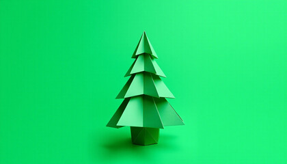 Fototapeta premium Minimalist Green Origami Christmas Tree Paper Craft on Isolated Background