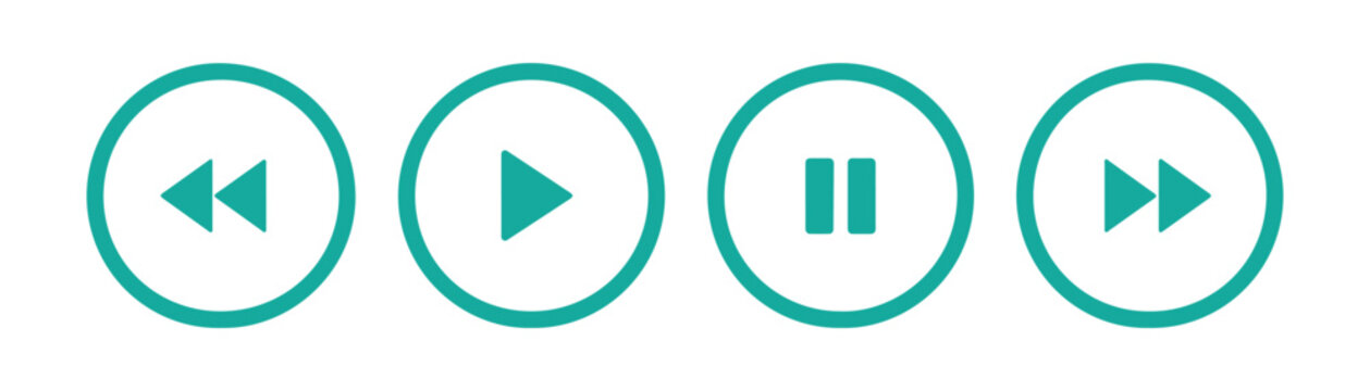 Turquoise circular media player navigation control buttons for modern software user interface.