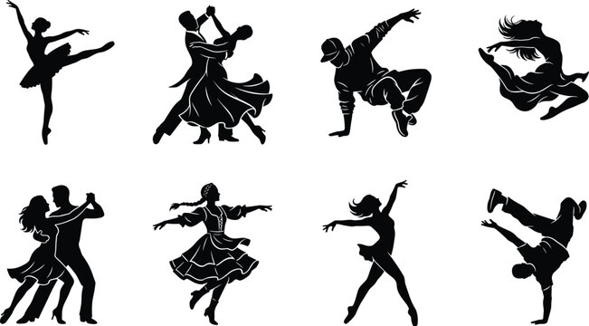 Black dance silhouettes set featuring ballet ballerina, ballroom couple, hip hop breakdancer, salsa dancers, and traditional folk dancing performance