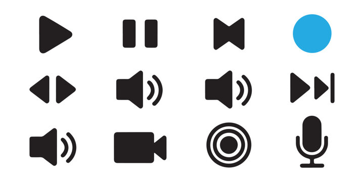 Multimedia playback control buttons collection featuring video camera microphone and audio sound.