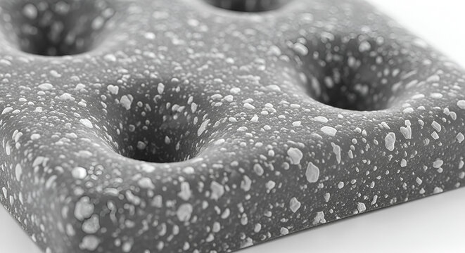 Abstract speckled surface with recessed holes, grey textured background