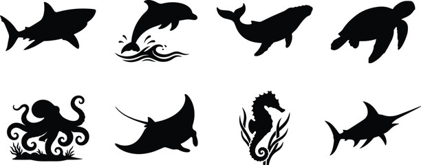 Collection of sea life black silhouettes including shark dolphin whale turtle octopus manta ray seahorse and swordfish isolated on white background © Sobuz