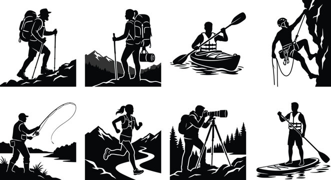 Collection of outdoor adventure black silhouettes including hiking rock climbing kayaking trail running fishing and photography on white background