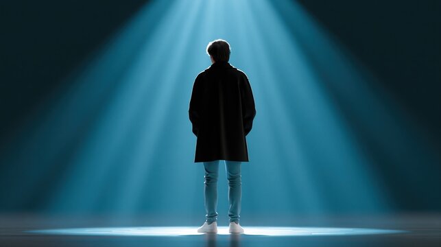 Person standing alone in spotlight on dark stage, dramatic lighting, back view