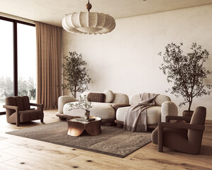 Metallic coffee table and cream sofa in a japandi living room interior with wooden flooring © Viktoria Kovalchuk