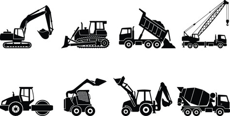 Construction vehicles silhouettes set featuring excavator bulldozer dump truck crane road roller skid steer loader and cement mixer © Sobuz