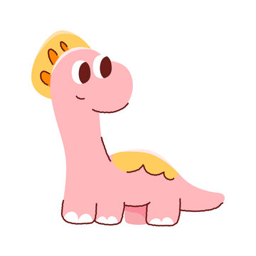 Cute pink dinosaur wearing yellow shell hat vector illustration. Kawaii dino cartoon character doodle isolated on white background.