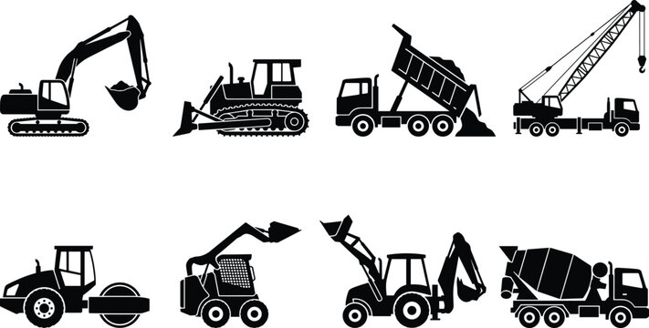 Construction vehicles silhouettes set featuring excavator bulldozer dump truck crane road roller skid steer loader and cement mixer