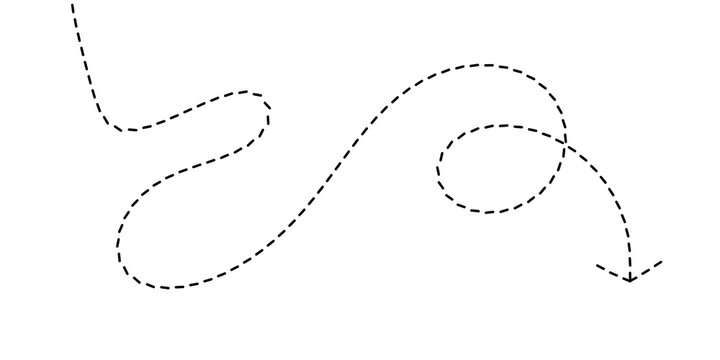 Conceptual visual of a meandering dashed trace ending in an arrow, symbolizing a route, decision, or the continuum of an idea, minimalist vector art