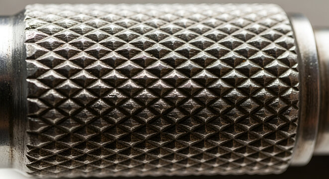 Macro view of metallic knurled pattern with diamond shapes, texture detail