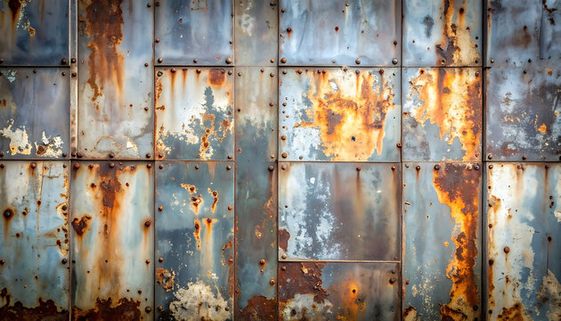 weathered rusty metal wall panels, textured background with peeling paint and rivets, aged industrial surface