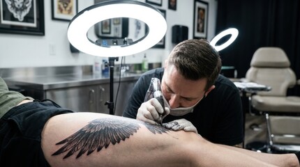 Obraz premium Professional tattoo artist working on a large wing tattoo on a leg