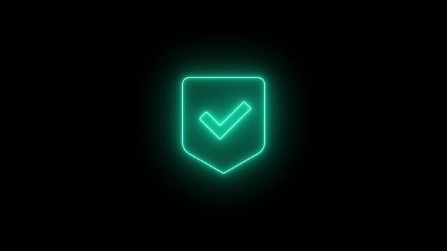 Neon glowing shield icon with a check mark inside, representing security, protection, verification, or success, isolated on a black background.
