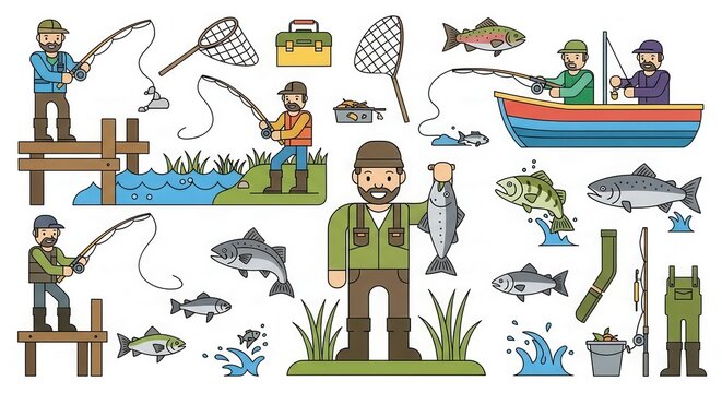 Fishing Vector Illustration Set with Fishermen, Fish, Rods, and Gear for Outdoor Recreation and Hobbies