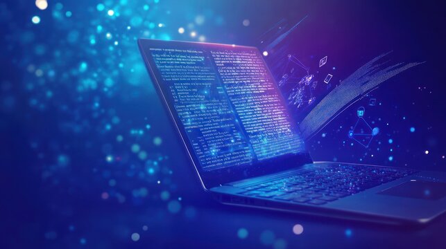 Coding on laptop; open source software, tech bokeh background. Use Technology