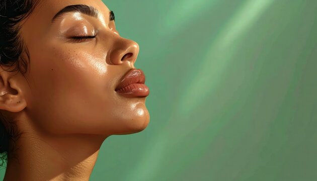 Portrait of a woman with radiant skin, eyes closed, lit by sunlight, on green backdrop