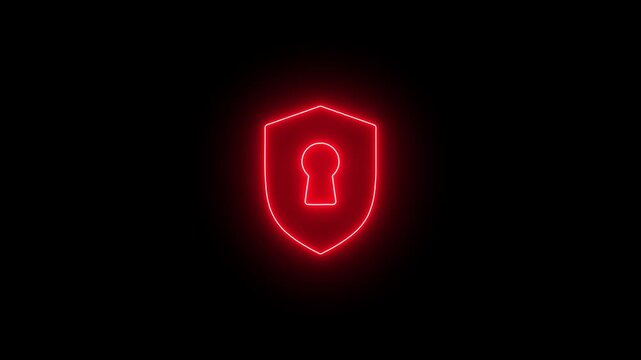 Glowing neon security CLD lock icon animation cyber security privacy defense secure access authentication data safety technology symbol and black background