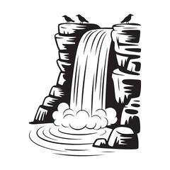 Misty waterfall with cascading rocks and water in black and white © Mahfujur Riyad