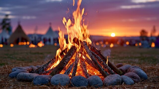 Bright campfire burning at sunset. Outdoor bonfire with stone ring on campsite field. Traditional Midsummer festival night, nature travel and adventure concept.