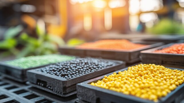 Stacked pallets of vibrant colored plastic pellets used in manufacturing and industry.