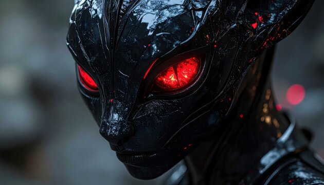 A close-up of a humanoid alien with obsidian skin and glowing red eyes