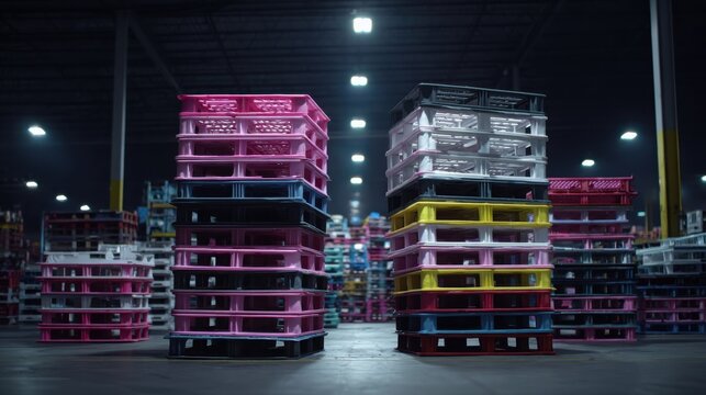 Stacks of colorful plastic pallets filled with finished goods in a large industrial warehouse