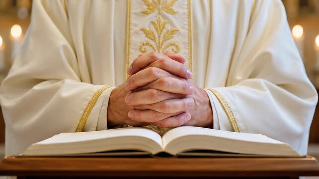 Priest hands clasped in prayer over open holy book. Clergyman in liturgical vestment during church service. Religious ceremony concept, spiritual faith devotion.