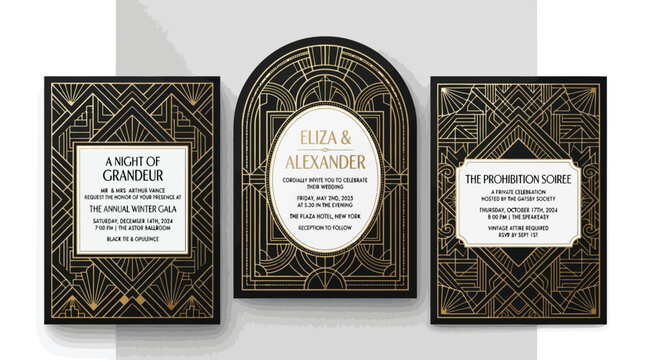 Art deco style wedding invitation set with geometric gold and black patterns
