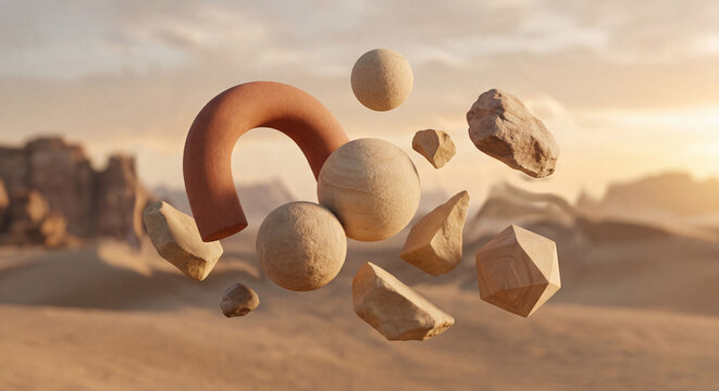 Objects float in desert landscape with rocks and arch at sunset
