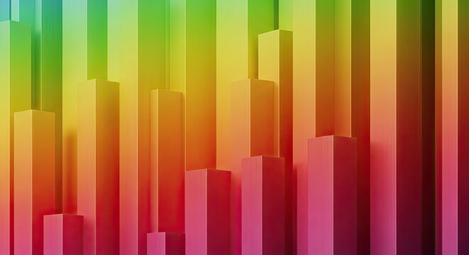 Vibrant 3D abstract background with geometric rectangular blocks and pillars in a striking rainbow color gradient pattern.