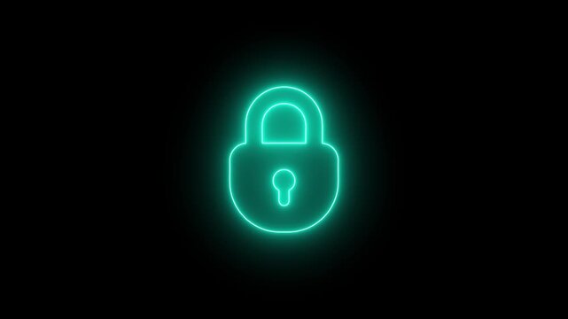 glowing neon padlock icon animation cyber security data protection secure access authentication privacy encryption digital safety technology concept on black background