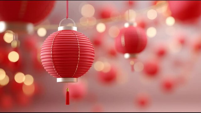 Red lanterns hang in celebration during festive season with warm lights shining in background