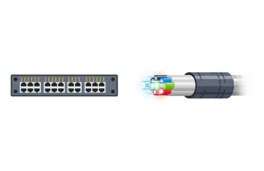 Obraz premium Network Switch Device With Fiber Optic Cable Data Connection Illustration