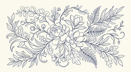 Hand drawn floral composition with magnolia flowers, fern leaves and berries, botanical sketch © Saharia