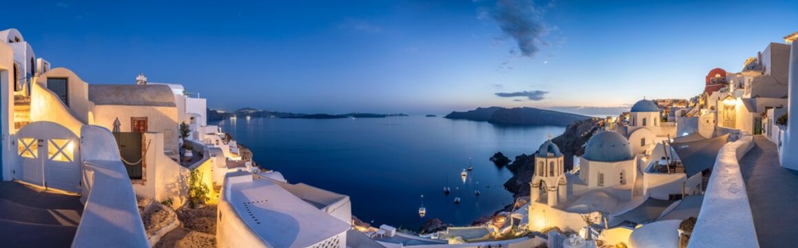 Oia panorama view at night, Santorini Island, Greece
