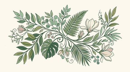 Watercolor botanical illustration with magnolia flowers, monstera and fern leaves, green foliage © Saharia