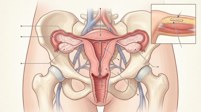 Illustration of female reproductive system with IUD and contraceptive implant