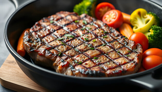 American food concept. Grilled beef steak with grilled vegetables, with carrots, cherry tomatoes, broccoli, in a cast iron pan. copy space, minimalism. White tone