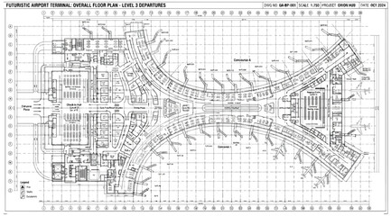 Fototapeta premium Architectural floor plan of a futuristic airport terminal building, level 3 departures, technical drawing