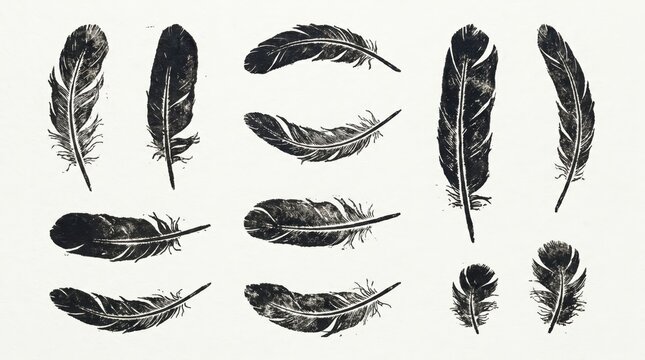 black linocut feather illustrations on textured paper. vintage block print style bird plumage set. bohemian graphic elements with different shapes and sizes. pattern design, logo, tattoo flash.
