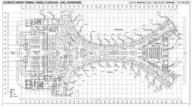 Architectural floor plan of a futuristic airport terminal building, level 3 departures, technical drawing