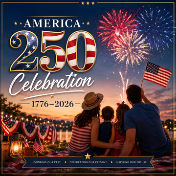 Family watching fireworks for america 250 celebration picnic at sunset with small flags.