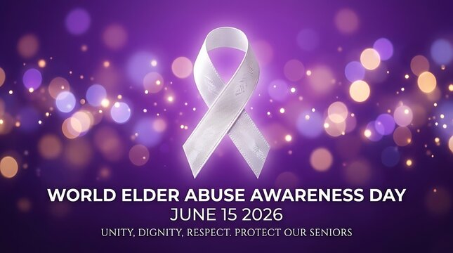 World elder abuse awareness day purple background with white ribbon and bokeh lights