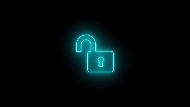 glowing cyan neon open padlock icon flickering on a black background loop animation for cyber security breach data vulnerability unlocked access and technology interface motion graphics.