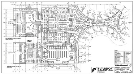 Fototapeta premium Technical floor plan of an international airport terminal building, level 1 and 2 layout